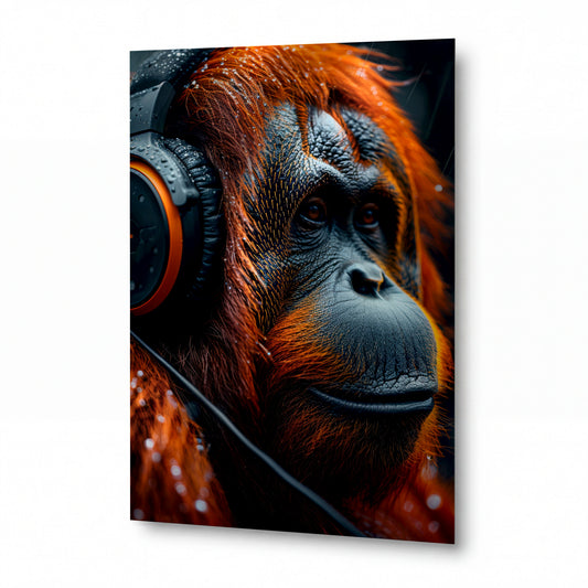 Obraz Orangutan s fotografickými sluchátky — kovový obraz na hliníkovém panelu s vysokým leskem