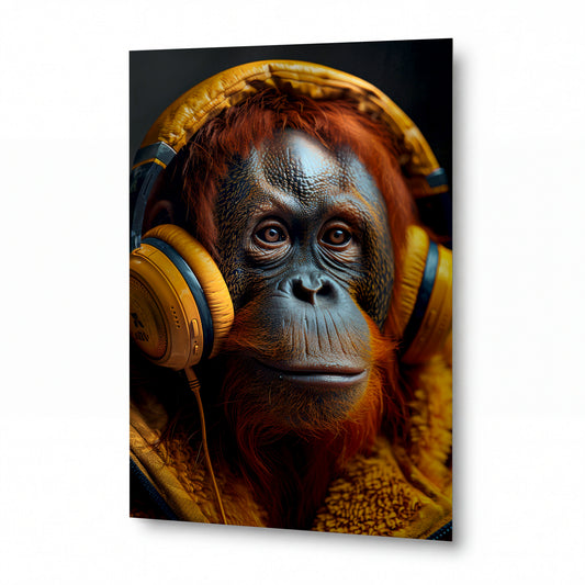 Obraz Orangutan v pozlacených sluchátkách — kovový obraz na hliníkovém panelu s vysokým leskem