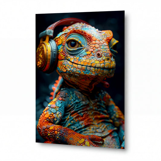 Obraz Chameleon hudebního nadšence v sluchátkách — kovový obraz na hliníkovém panelu s vysokým leskem