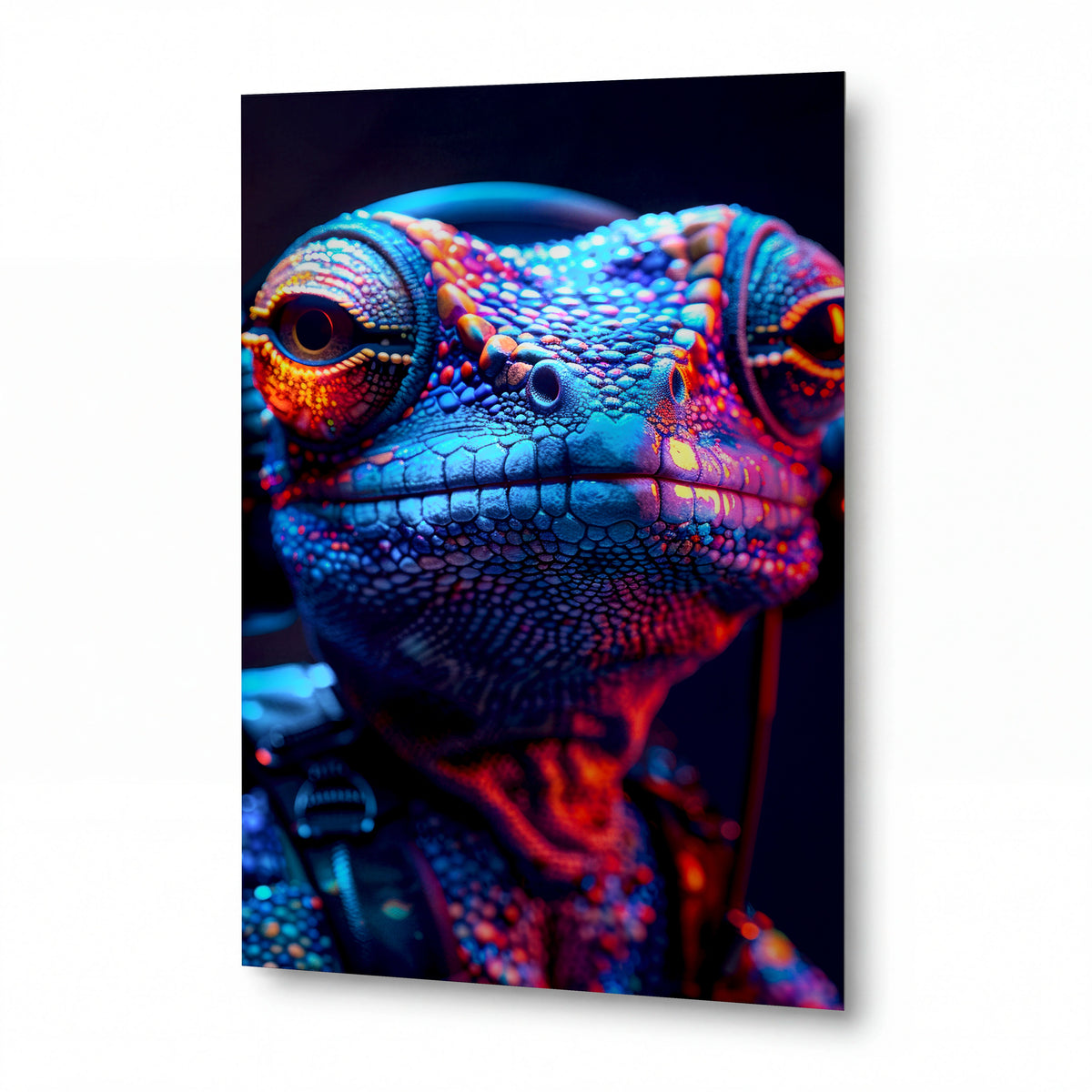 Obraz Chameleon s neonovou texturou a sluchátky — kovový obraz na hliníkovém panelu s vysokým leskem