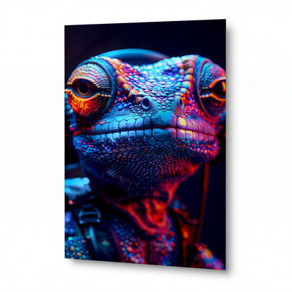Obraz Chameleon s neonovou texturou a sluchátky — kovový obraz na hliníkovém panelu s vysokým leskem