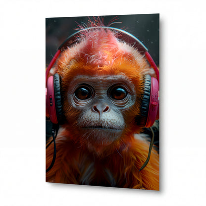 Obraz Orangutan s růžovými sluchátky — kovový obraz na hliníkovém panelu s vysokým leskem