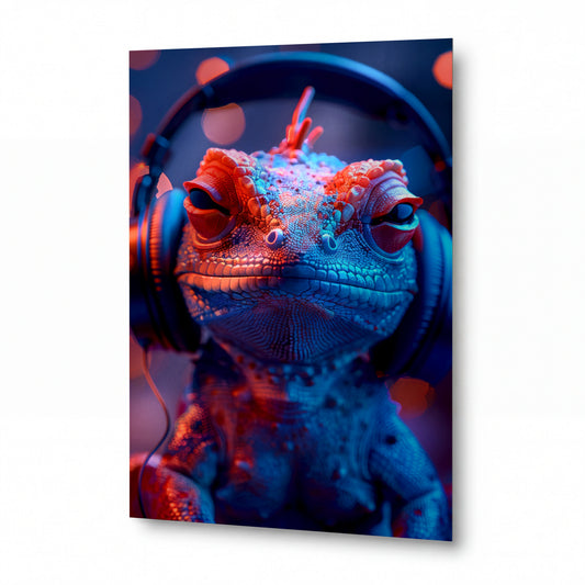 Obraz Chameleon v sluchátkách posazený na reproduktoru — kovový obraz na hliníkovém panelu s vysokým leskem