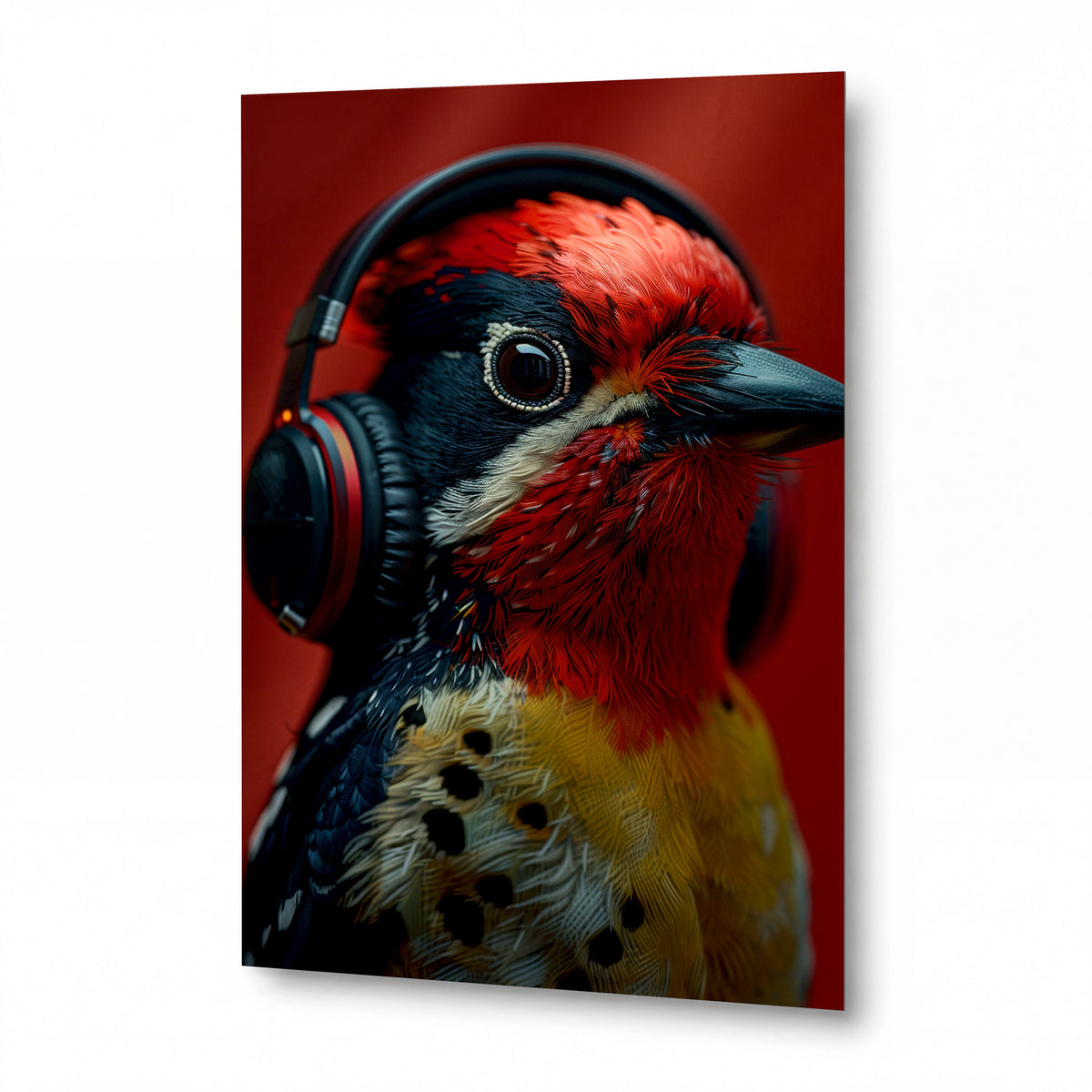 Obraz Datel v sluchátkách na červeném pozadí — kovový obraz na hliníkovém panelu s vysokým leskem