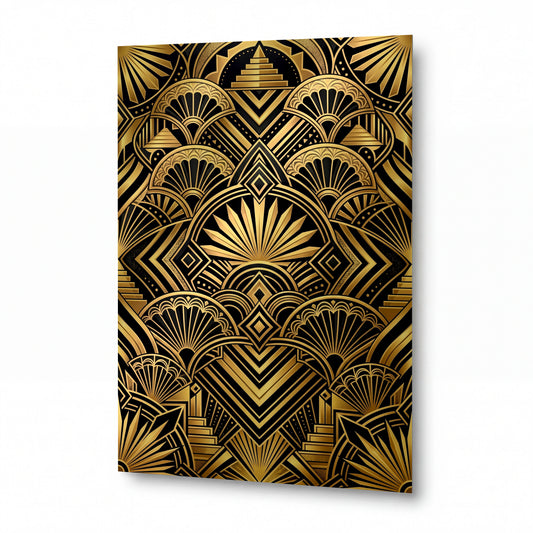 Obraz Zlaté vějíře art deco na černém pozadí — kovový panel s vysokým leskem