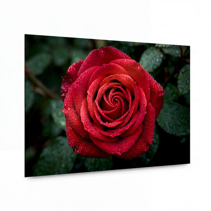 Obraz Ranní rosa na sametové růži — kovový obraz na hliníkovém panelu s vysokým leskem