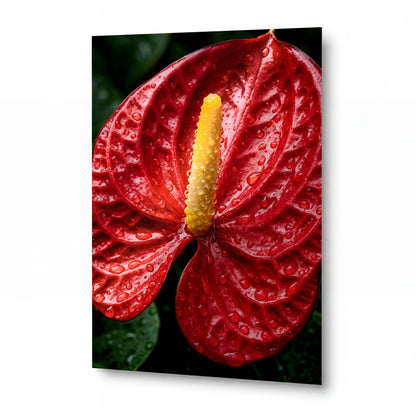 Obraz Květina anturie s kapkami rosy — kovový obraz na hliníkovém panelu s vysokým leskem