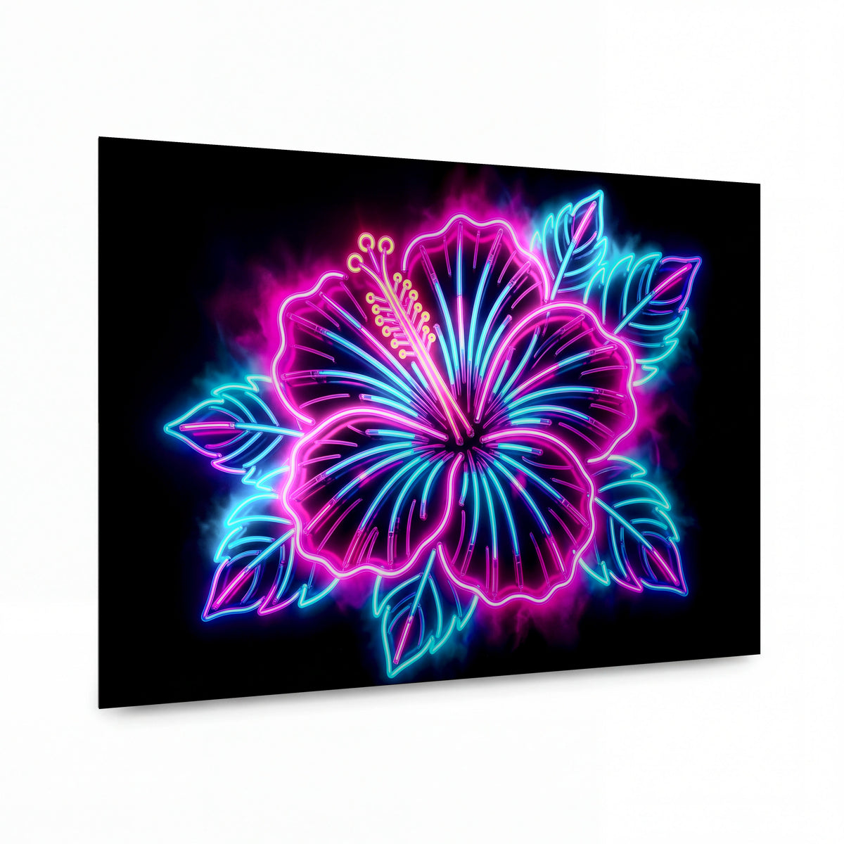 Obraz Neonový ibišek v elektrické záři — kovový obraz na hliníkovém panelu s vysokým leskem