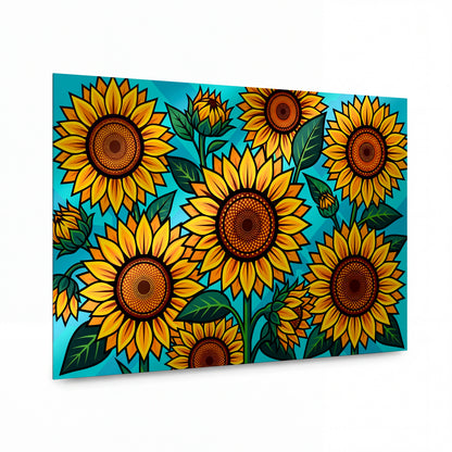 Obraz Slunečnice v tyrkysovém objetí — kovový obraz na hliníkovém panelu s vysokým leskem