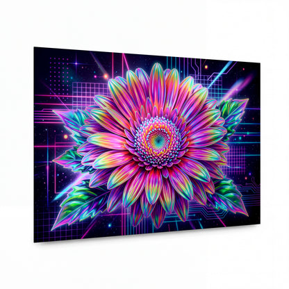 Obraz Neonová gerbera v digitálním prostoru — kovový obraz na hliníkovém panelu s vysokým leskem