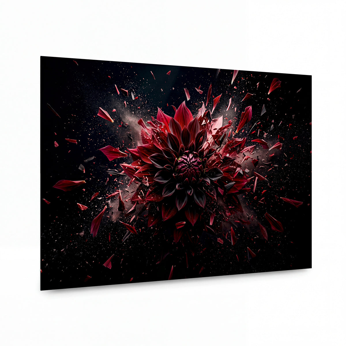 Obraz Rubínová dahlia rozlétající se do vesmírného prostoru — kovový obraz na hliníkovém panelu s vysokým leskem