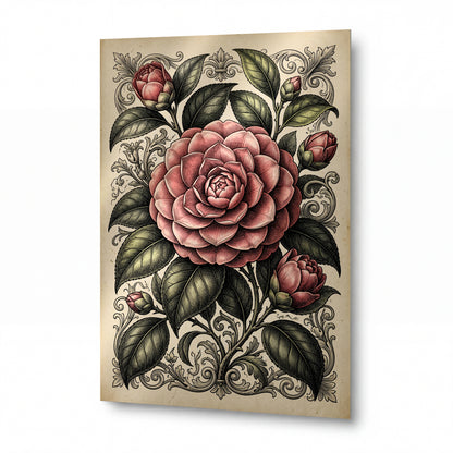 Obraz Kamélie v ornamentálním závoji — kovový obraz na hliníkovém panelu s vysokým leskem