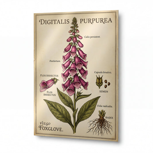 Obraz Náprstník purpurový v botanické ilustraci — kovový obraz na hliníkovém panelu s vysokým leskem