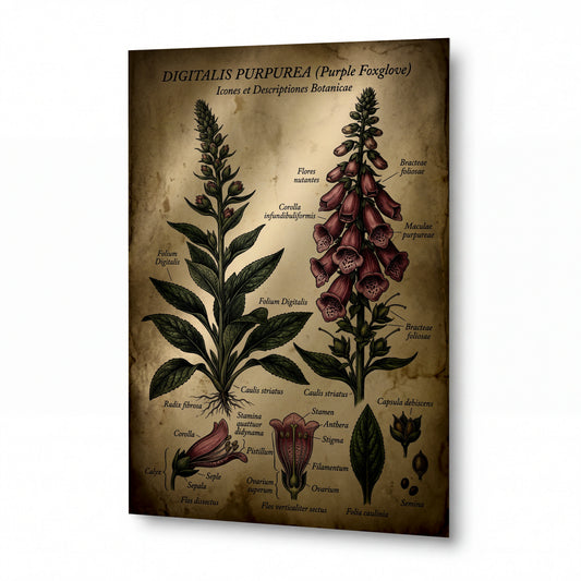 Obraz Anatomie purpurového náprstníku v historické botanické ilustraci — kovový obraz na hliníkovém panelu s vysokým leskem