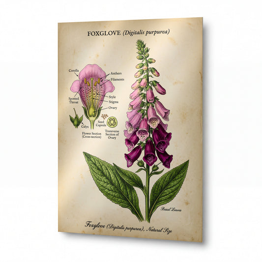 Obraz Naparstnice s botanickou ilustrací a anatomickým řezem — kovový obraz na hliníkovém panelu s vysokým leskem