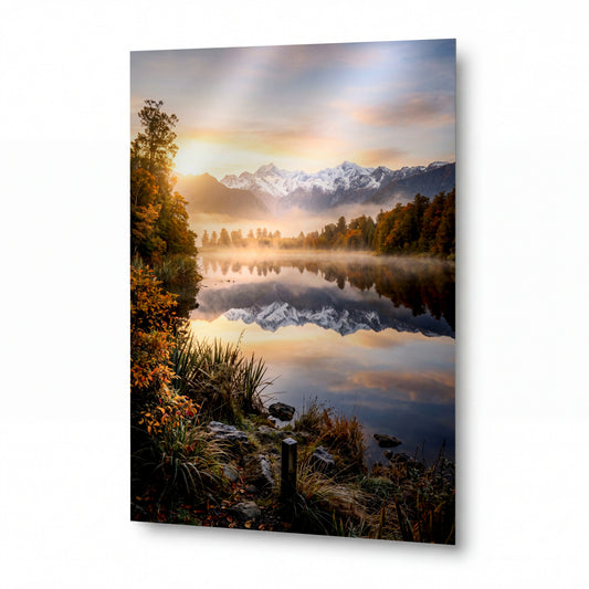 Obraz Zrcadlení zasněžených vrcholů v mlžném horském jezeře — lesklý hliníkový obraz