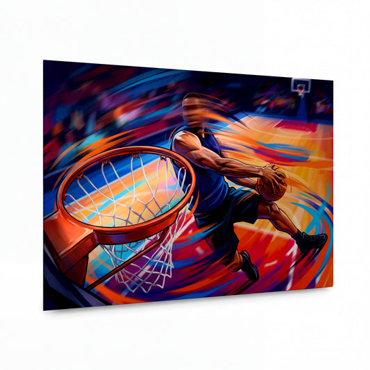 Obraz Smečující basketbalista v barevném víru pohybu — kovový obraz na hliníkovém panelu s vysokým leskem