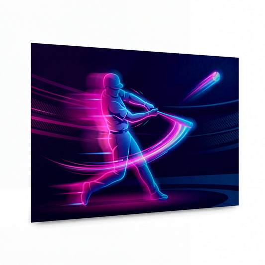 Obraz Neonový úder baseballisty v plném švihu — kovový obraz na hliníkovém panelu s vysokým leskem