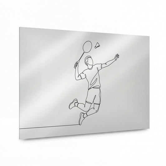 Obraz Smečující badmintonista ve vzduchu — kovový obraz na hliníkovém panelu s vysokým leskem