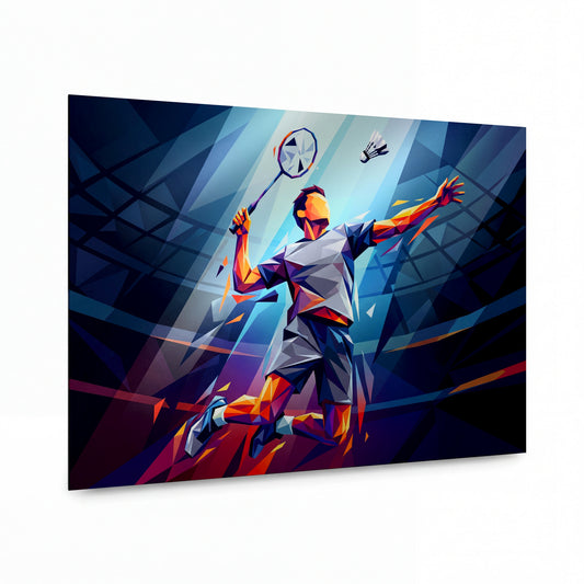 Obraz Obraz Smečující vítěz geometrického badmintonu — kovový obraz na hliníkovém panelu s vysokým leskem