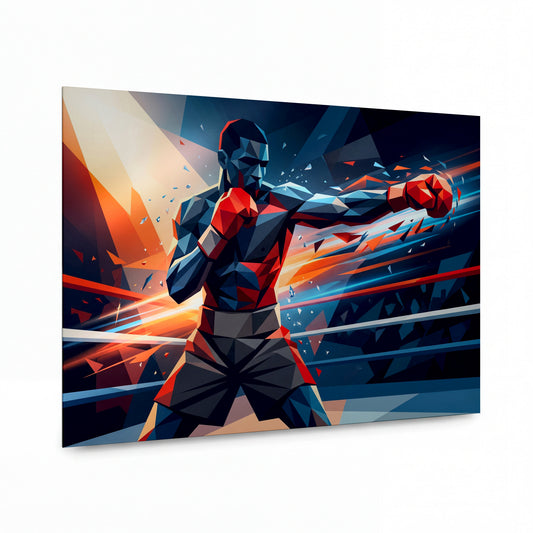Obraz Boxer v polygonálním výbuchu rozhodujícího úderu — kovový obraz na hliníkovém panelu