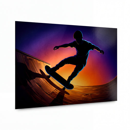 Obraz Skateboardista v záři západu slunce — hliníkový obraz s vysokým leskem