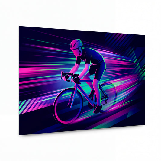 Obraz Cyklista v neonových paprscích rychlosti — lesklý hliníkový obraz