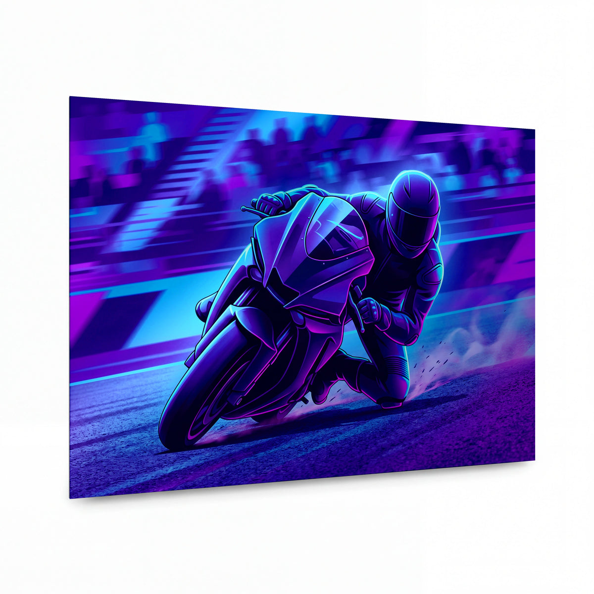 Obraz Motocyklista v neonové zatáčce — kovový panel s vysokým leskem