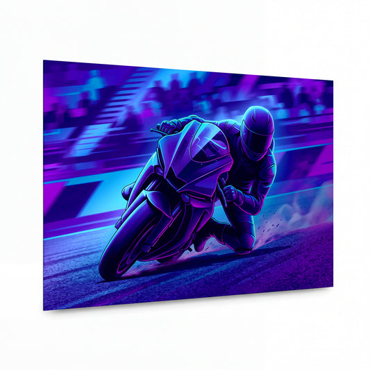 Obraz Motocyklista v neonové zatáčce — kovový panel s vysokým leskem
