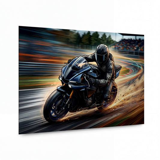 Obraz Superbike v plném náklonu na závodní dráze — luxusní kovový obraz s vysokým leskem