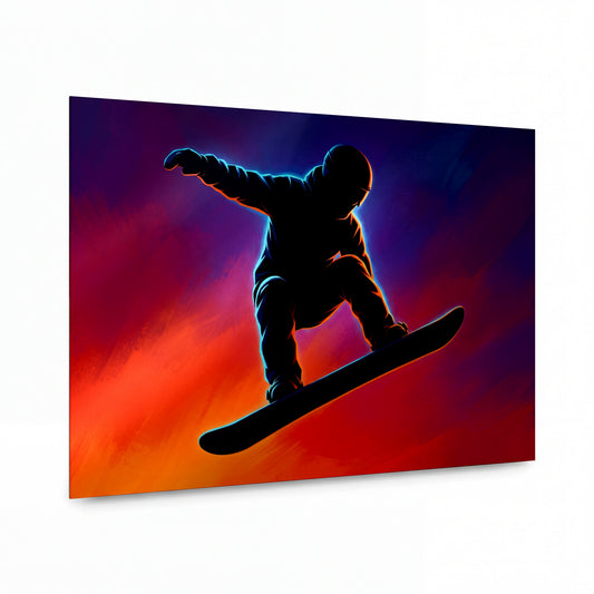 Obraz Snowboardista v žáru západu slunce — lesklý panel z hliníku