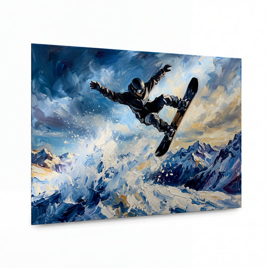 Obraz Snowboardista v oblacích nad zasněženými štíty — kovový obraz, vysoký lesk