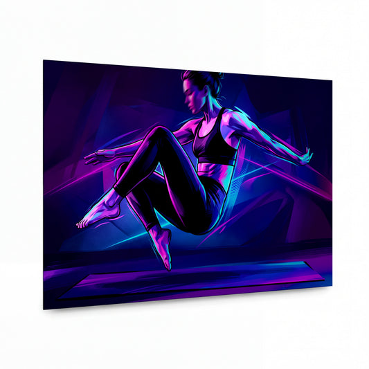 Obraz Levitující běžkyně v neonovém světle vnitřní síly — lesklý kovový obraz