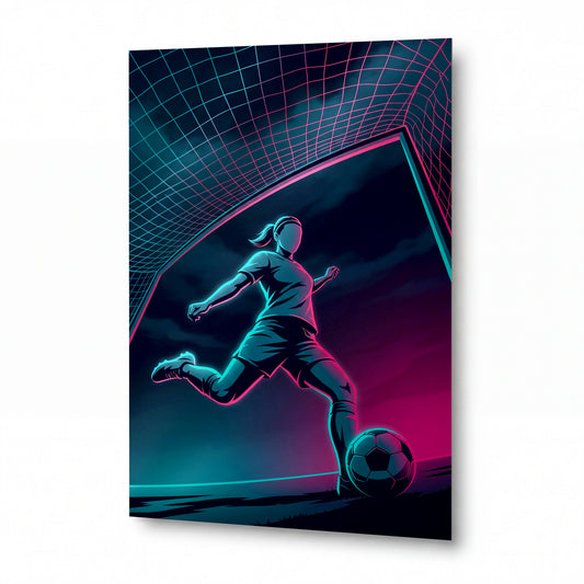 Obraz Fotbalistka v neonové bráně virtuální reality — hliníkový panel s vysokým leskem