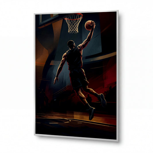 Obraz Basketbalista ve vzletu před smečí — lesklý kovový obraz