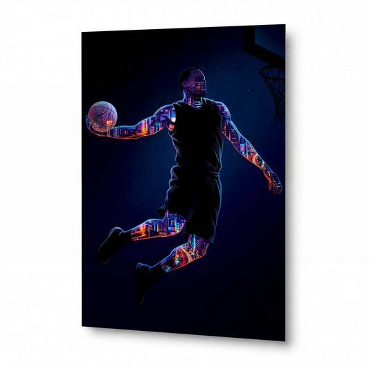 Obraz Basketbalista nočního města — luxusní kovový obraz s vysokým leskem