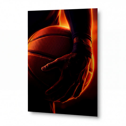 Obraz Ruka svírající basketbalový míč v plamenech — exkluzivní kovový obraz s vysokým leskem