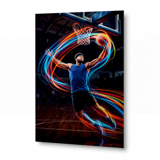 Obraz Basketbalový skok v neonovém světelném víru — obraz na kovovém panelu