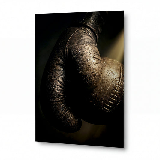 Obraz Obraz Boxerské rukavice v kapkách potu — hliníkový panel s vysokým leskem