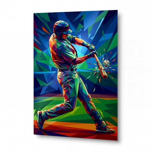 Obraz Baseballový pálkař v geometrickém víru barev — lesklý panel z hliníku