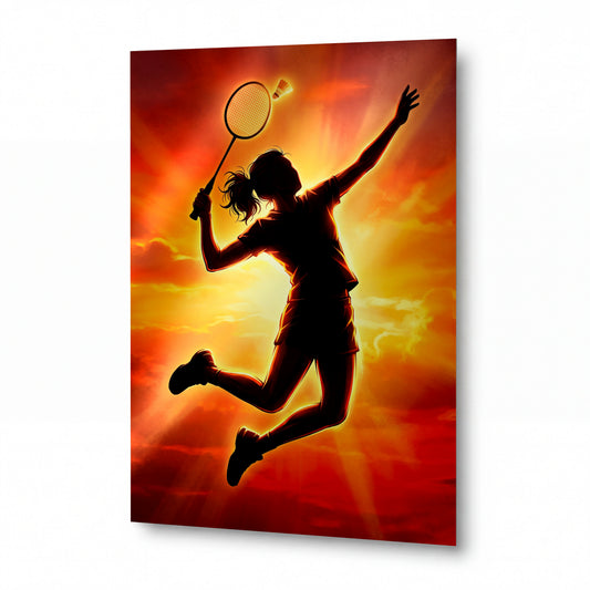 Obraz Vítězný skok badmintonistky v ohnivém zapálení — lesklý obraz na hliníku