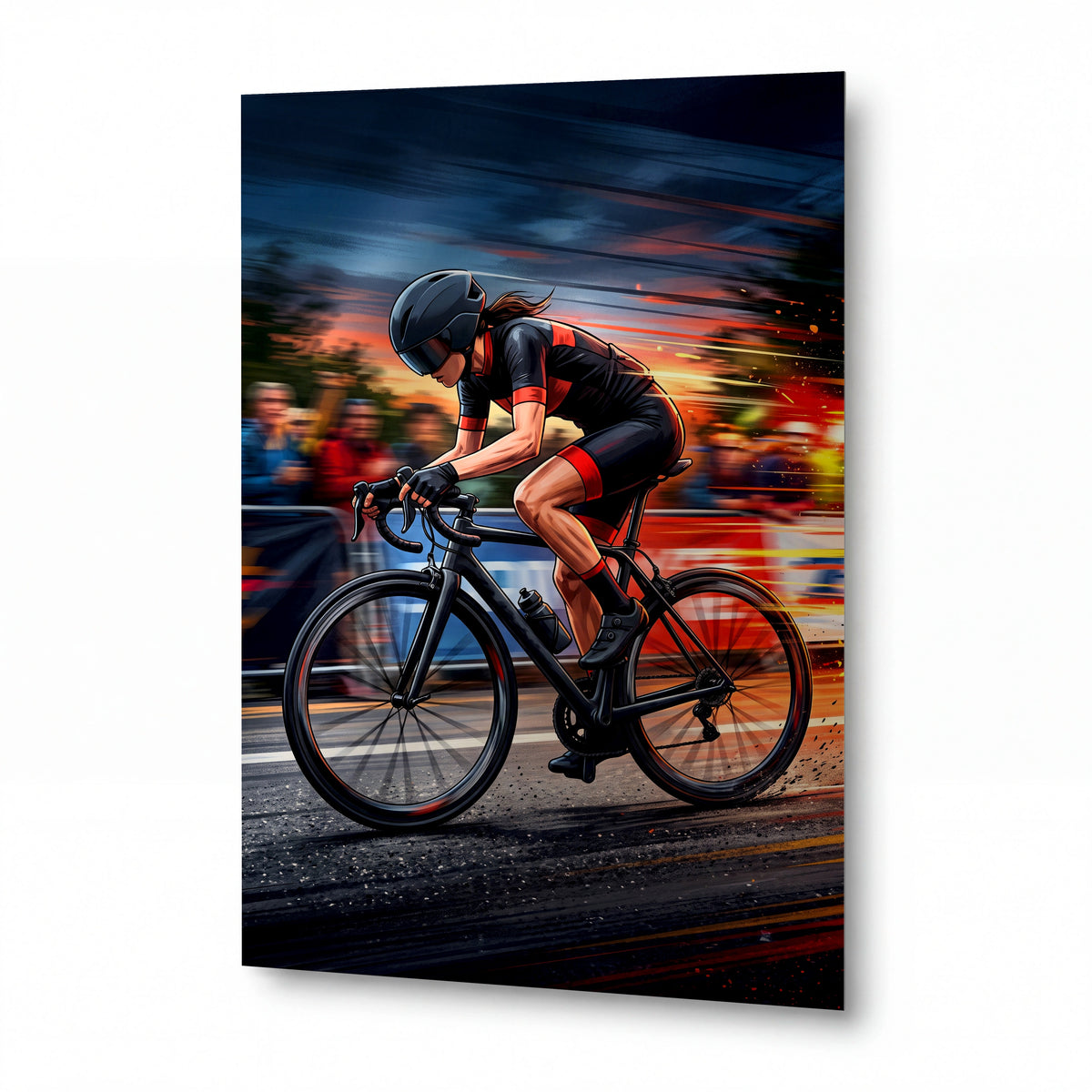 Obraz Cyklistka v závodním sprintu při soumraku — lesklý panel z hliníku