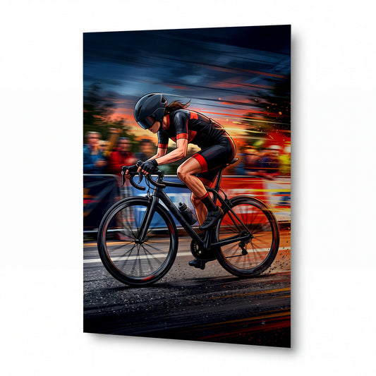 Obraz Cyklistka v závodním sprintu při soumraku — lesklý panel z hliníku