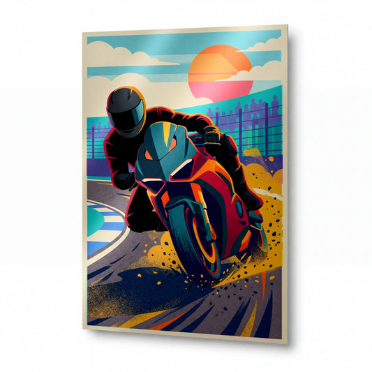 Obraz Motocyklista v dynamickém nákonu při závodě — prémiový kovový obraz — prémiový kovový obraz