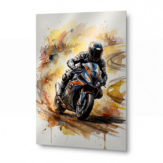 Obraz Motocyklista v zatáčce podzimní krajinou — luxusní hliníkový panel s vysokým leskem