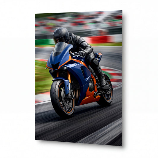 Obraz Motocyklista v náklonovém víru rychlosti — lesklý panel z hliníku