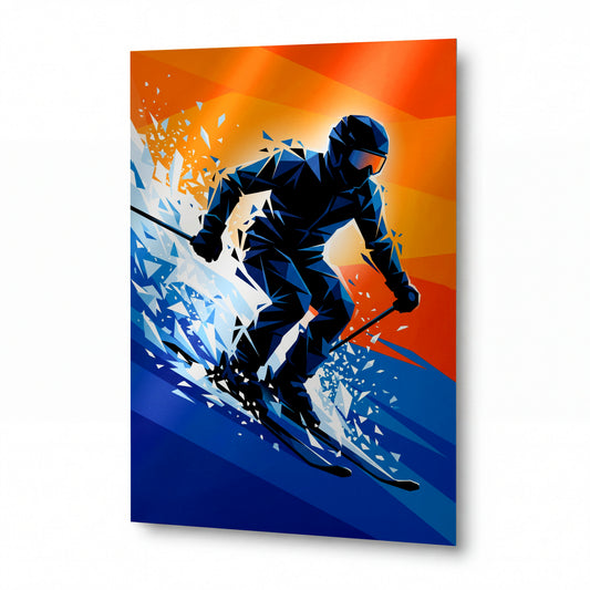 Obraz Lyžař v polygonálním sjezdu za úsvitu — luxusní obraz na hliníkovém panelu