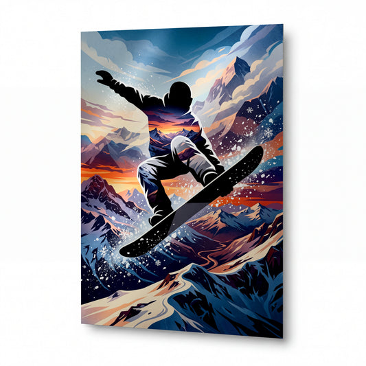 Obraz Snowboardista v zasněženém horském závěji — prémiový lesklý obraz na hliníku