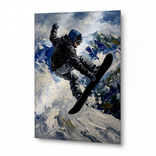 Obraz Snowboardista v bouřlivém víru horských vět — luxusní obraz na hliníkovém panelu