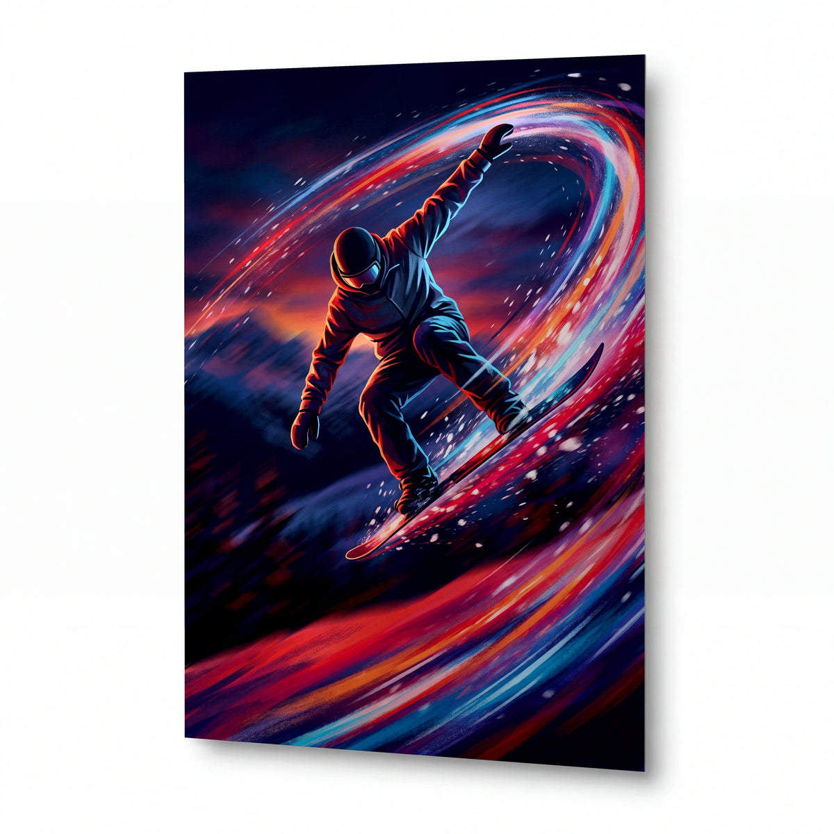 Obraz Snowboardista v plamenech dynamiky — lesklý panel z hliníku